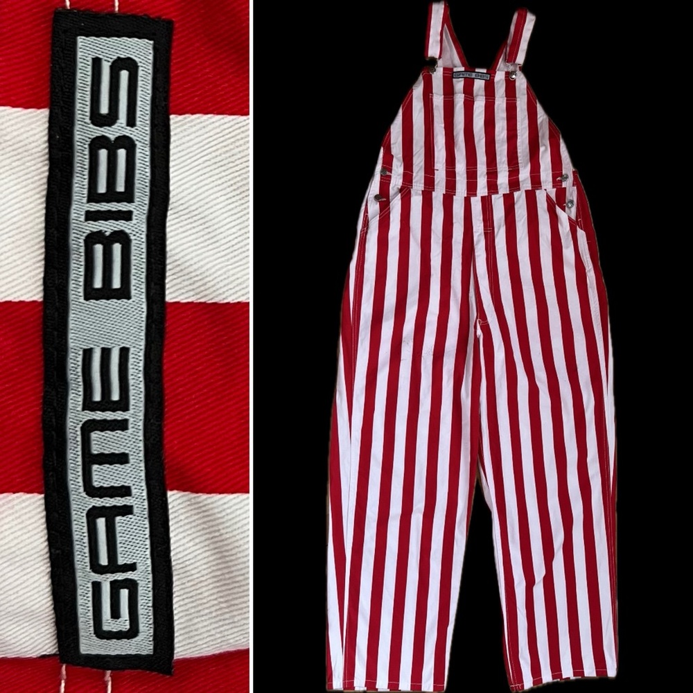 🎈GAME BIBS | Red & White Striped Bib Overalls | Unisex | Oversized Style—Large